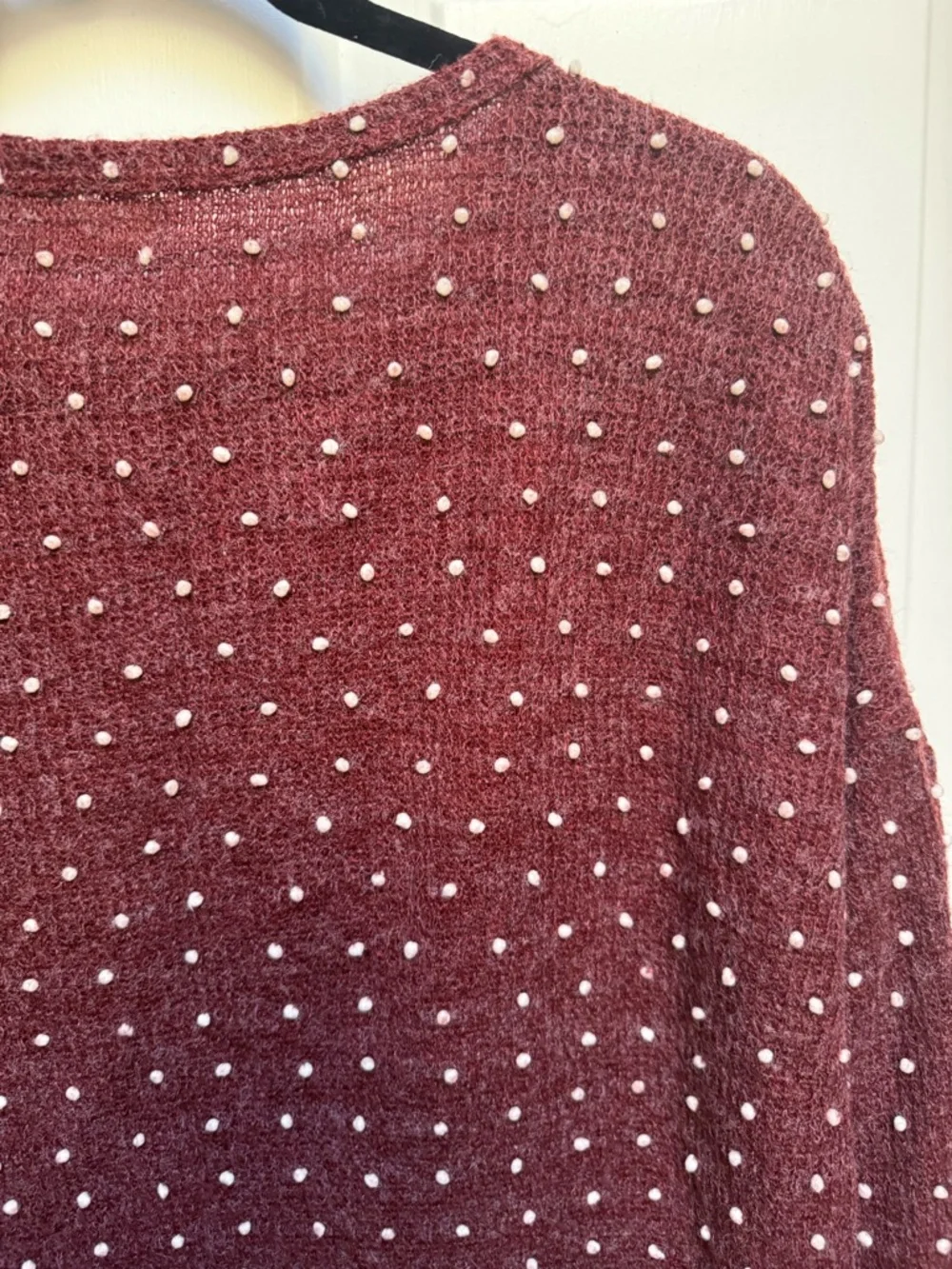 Altar'd State Lace Hem Polka Dot Embellished L/Sleeve Burgundy Red Sweater Large